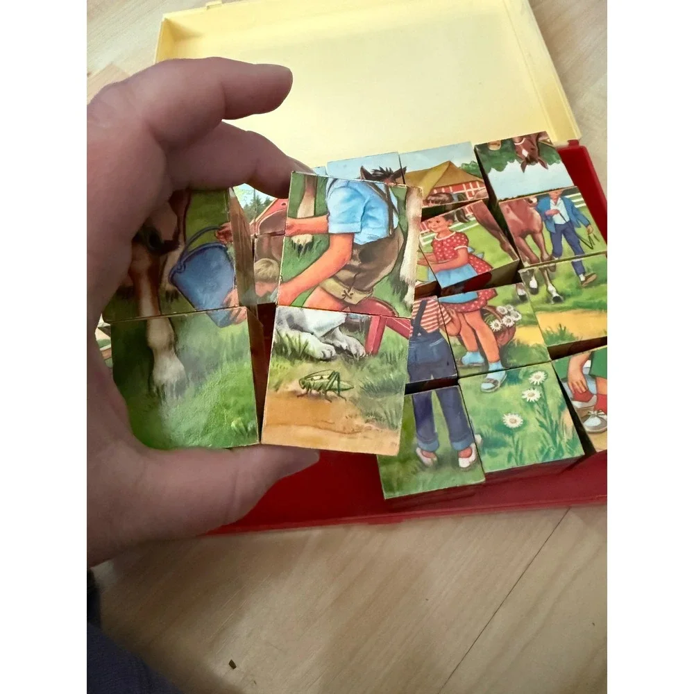 Childrens vintage 1950 Wooden Picture Block Puzzle‎ and Case made in Germany